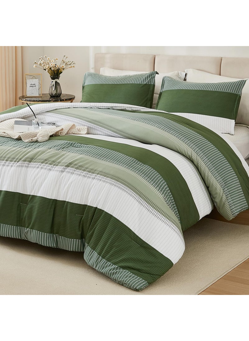 Litanika Litanika Olive Green Comforter Set California King - 3 Pieces Lightweight Olive Green White Colorblock Stripe Fluffy Bedding Comforter Sets  All Season Bed Set  - Image 1