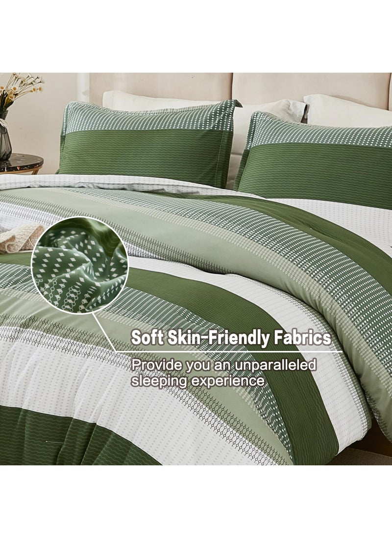 Litanika Litanika Olive Green Comforter Set California King - 3 Pieces Lightweight Olive Green White Colorblock Stripe Fluffy Bedding Comforter Sets  All Season Bed Set  - Image 4