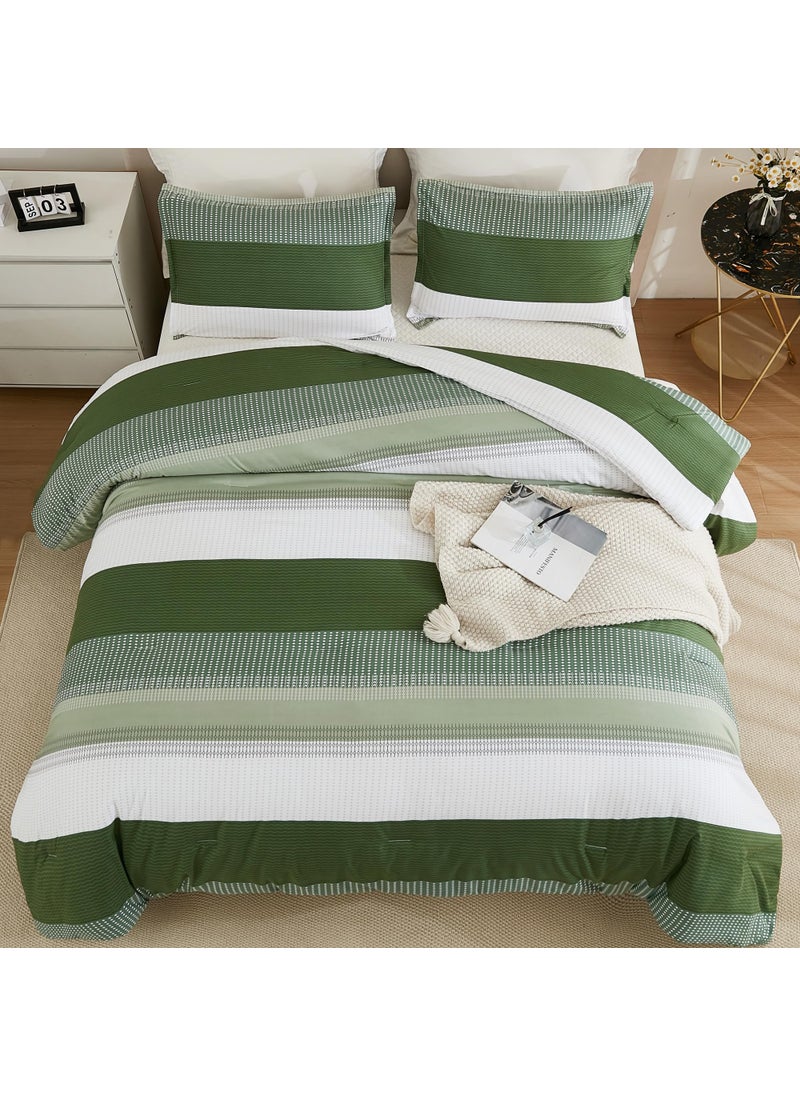 Litanika Litanika Olive Green Comforter Set California King - 3 Pieces Lightweight Olive Green White Colorblock Stripe Fluffy Bedding Comforter Sets  All Season Bed Set  - Image 2