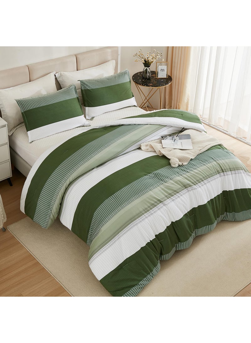 Litanika Litanika Olive Green Comforter Set California King - 3 Pieces Lightweight Olive Green White Colorblock Stripe Fluffy Bedding Comforter Sets  All Season Bed Set  - Image 3