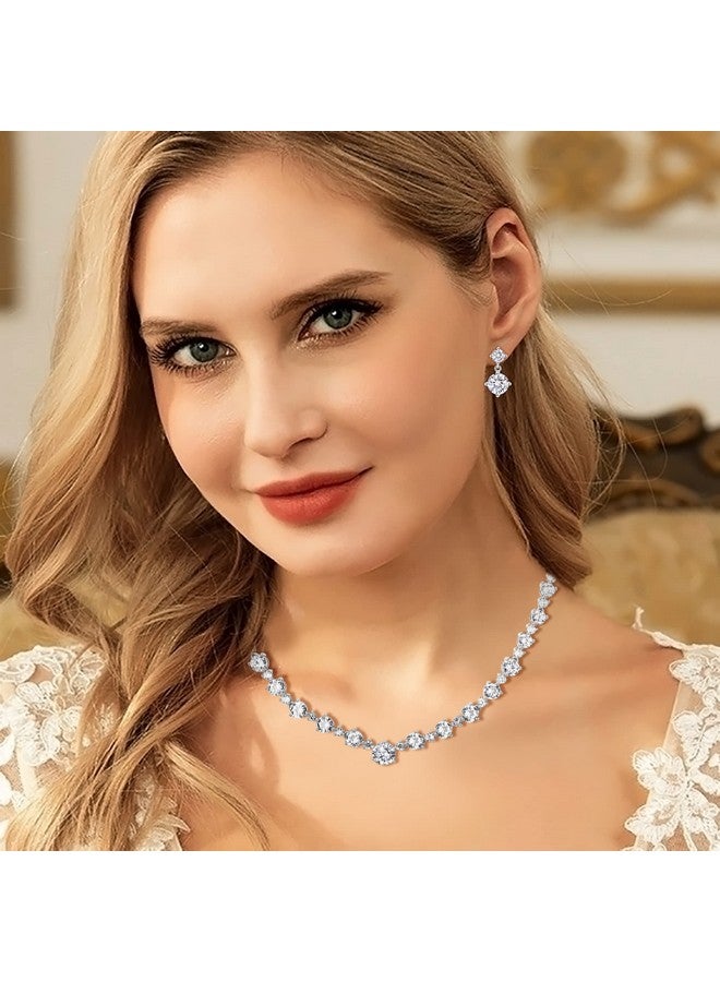 EVER FAITH مجموعة مجوهرات زفاف نسائية للعروس من الذهب الأبيض المطلي، قلادة وأقراط كاملة مستديرة من CZ لحفلة الزفاف - Image 2