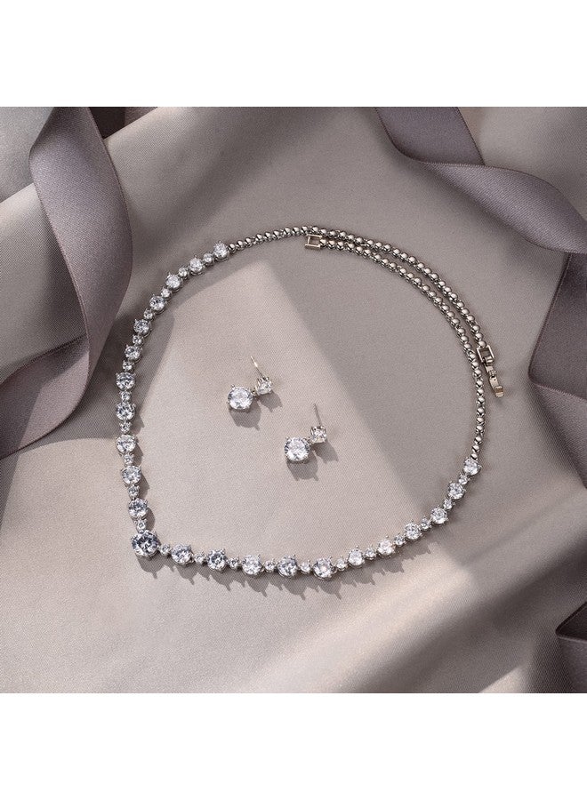 EVER FAITH مجموعة مجوهرات زفاف نسائية للعروس من الذهب الأبيض المطلي، قلادة وأقراط كاملة مستديرة من CZ لحفلة الزفاف - Image 3