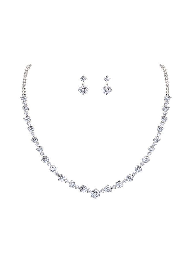 EVER FAITH مجموعة مجوهرات زفاف نسائية للعروس من الذهب الأبيض المطلي، قلادة وأقراط كاملة مستديرة من CZ لحفلة الزفاف - Image 1