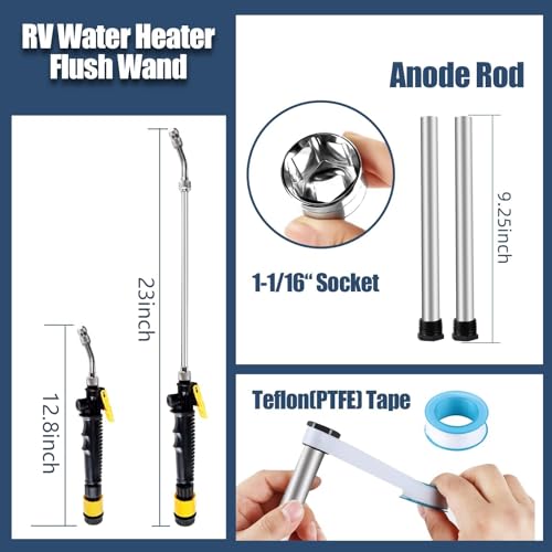 jixsloft 5 Pack RV Water Heater Anode Rod & Flush Wand Kit with Hex Wrench Socket Removal Tool, 9.25"L x 3/4" NPT Aluminum RV Hot Water Heater Anode Rod for Suburban, Mor-Flo, Extends RV Tank Life - Image 2