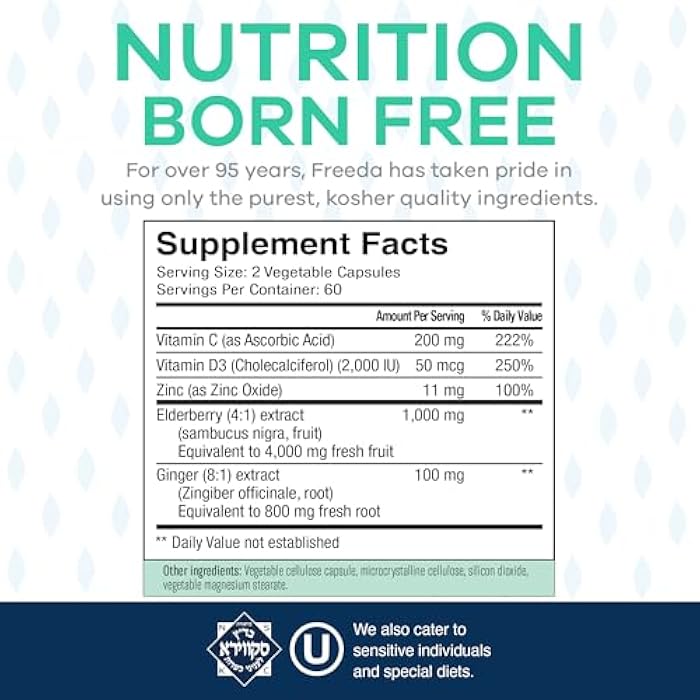 FREEDA Sambucus Elderberry with Vitamin C, Zinc, Vitamin D3 & Ginger - 5 in 1 Herbal Antioxidant Immune Support Supplement for Women & Men - Gluten Free Adult Elderberry Capsules, USA Made (120 Count) - Image 5