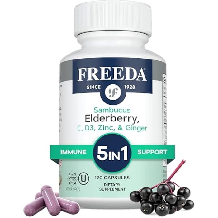 FREEDA Sambucus Elderberry with Vitamin C, Zinc, Vitamin D3 & Ginger - 5 in 1 Herbal Antioxidant Immune Support Supplement for Women & Men - Gluten Free Adult Elderberry Capsules, USA Made (120 Count) - Image 1