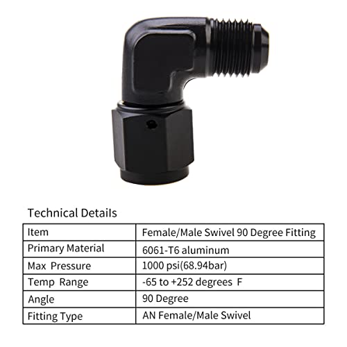CNRAQR 6AN Female to 6AN Male Flare 90 Degree Swivel Hose Fitting Adapter Aluminium Anodized Black 2Pcs - Image 3