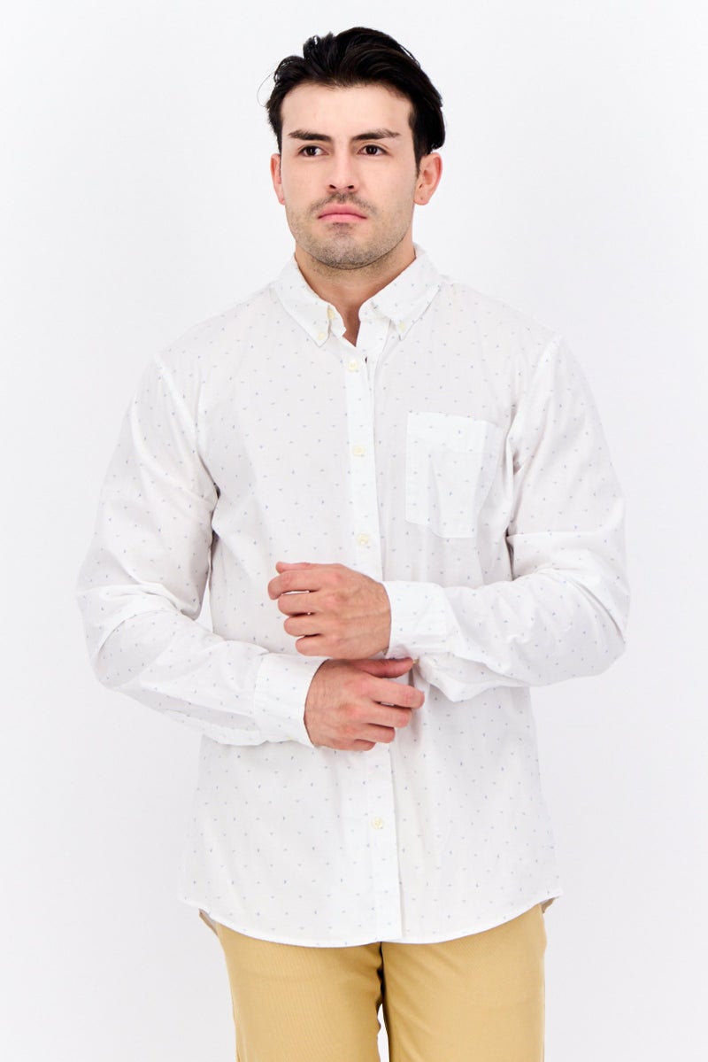 GAP قميص رجالي بأكمام طويلة بتصميم مطبوع نحيف، أبيض - Image 1