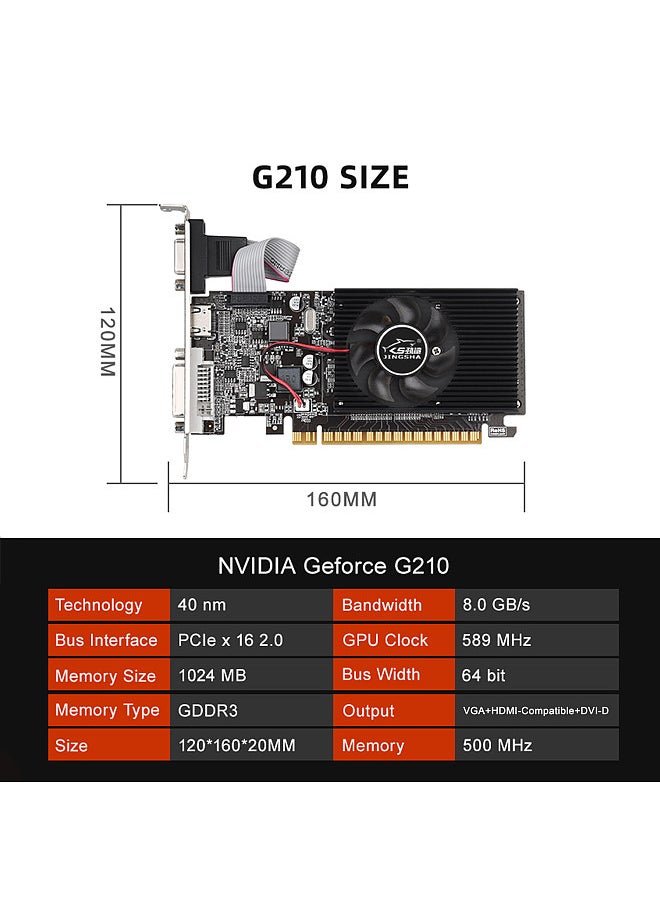 GT210 Graphics Card, 1GB/DDR3/64bit Memory Video Card, Support HD+VGA+DVI-D Ports for Office Entertainment