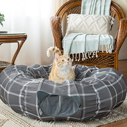 Kitty City Large Cat Tunnel Bed, 2-in-1 Zip-Together Cat Play Tunnel & Plush Nap Bed, Pop-Up Indoor Cat Toy with Hanging Toys, Collapsible Design - Grey - Image 5
