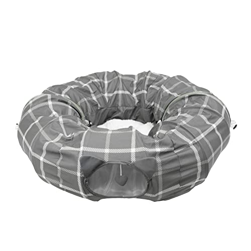 Kitty City Large Cat Tunnel Bed, 2-in-1 Zip-Together Cat Play Tunnel & Plush Nap Bed, Pop-Up Indoor Cat Toy with Hanging Toys, Collapsible Design - Grey - Image 1