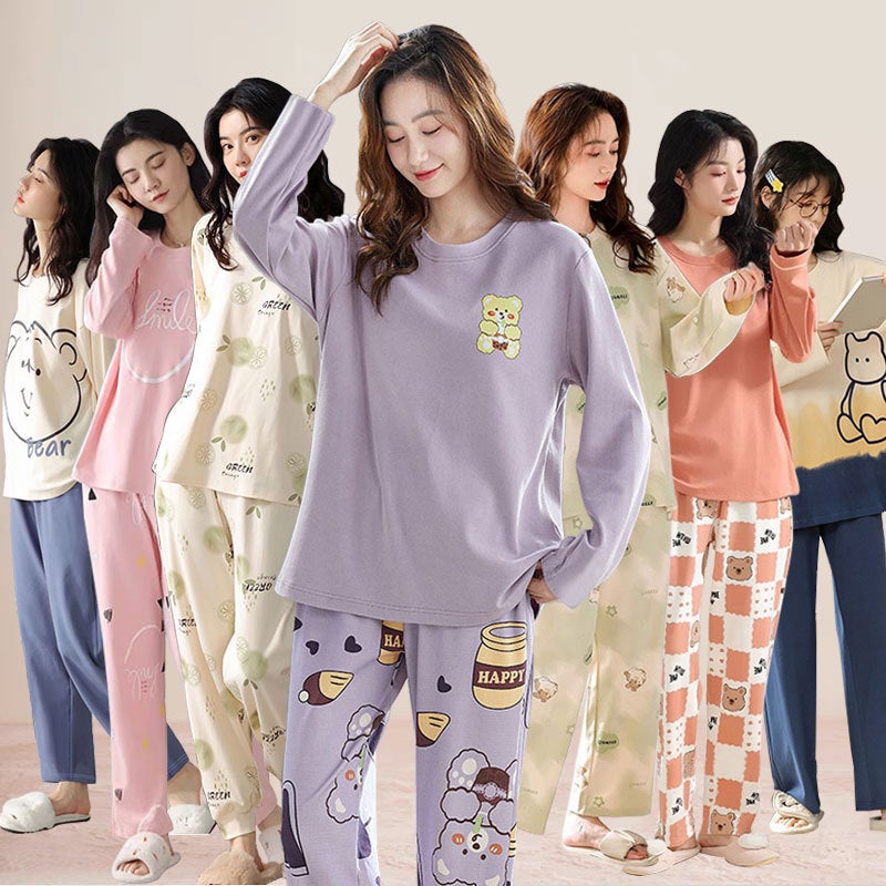 بيجامات قطنية نقية للنساء بأكمام طويلة كرتونية لطيفة ملابس منزلية عصرية للنساء - Image 2