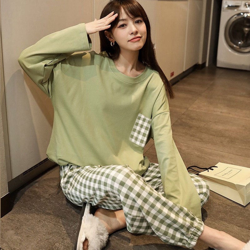 بيجامات قطنية نقية للنساء بأكمام طويلة كرتونية لطيفة ملابس منزلية عصرية للنساء - Image 1