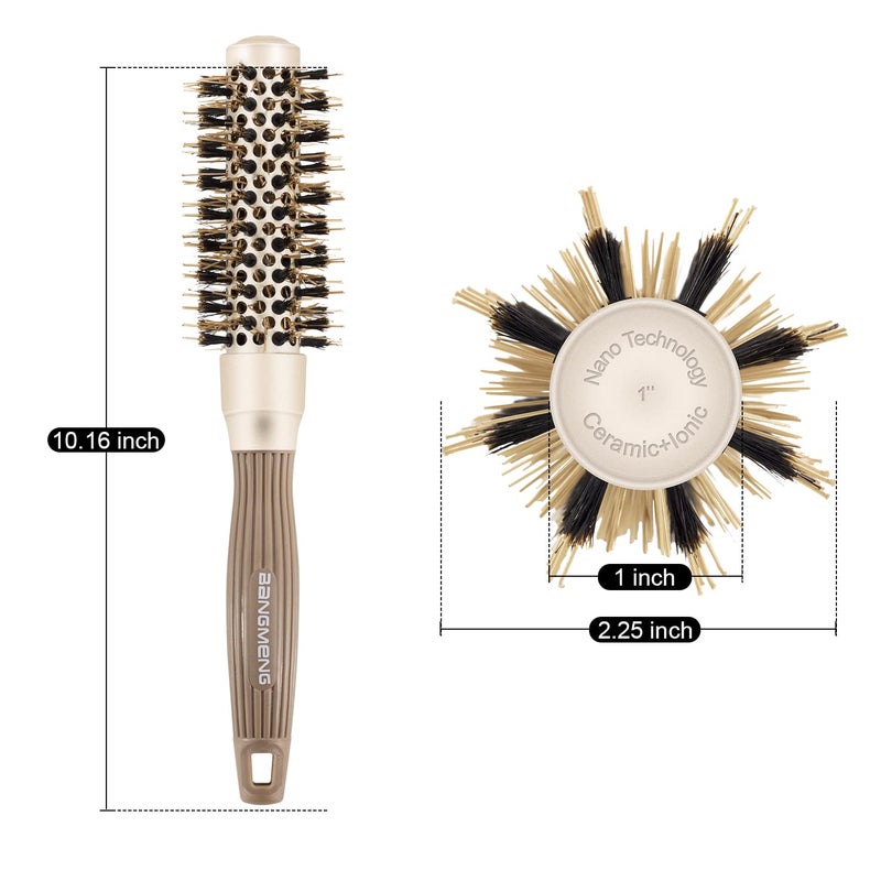 BANGMENG Round Brush with Boar Bristles, 1 inch Barrel, Nano Thermal Ceramic Ionic Tech for Straightening and Blow Drying, Gold - Image 2