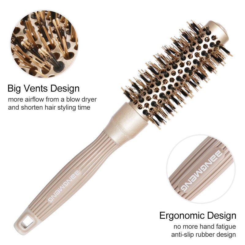 BANGMENG Round Brush with Boar Bristles, 1 inch Barrel, Nano Thermal Ceramic Ionic Tech for Straightening and Blow Drying, Gold - Image 4