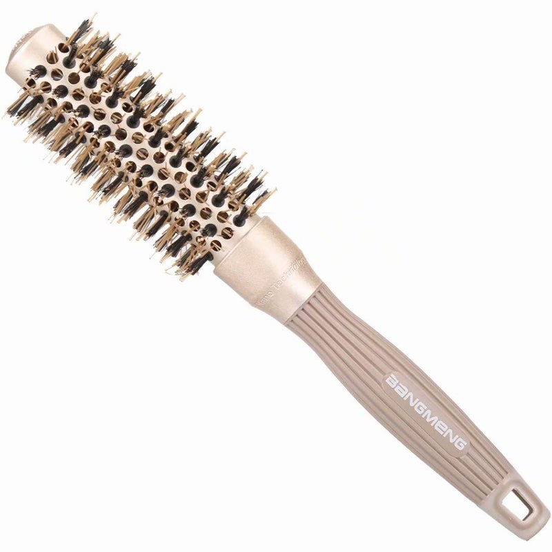 BANGMENG Round Brush with Boar Bristles, 1 inch Barrel, Nano Thermal Ceramic Ionic Tech for Straightening and Blow Drying, Gold - Image 1