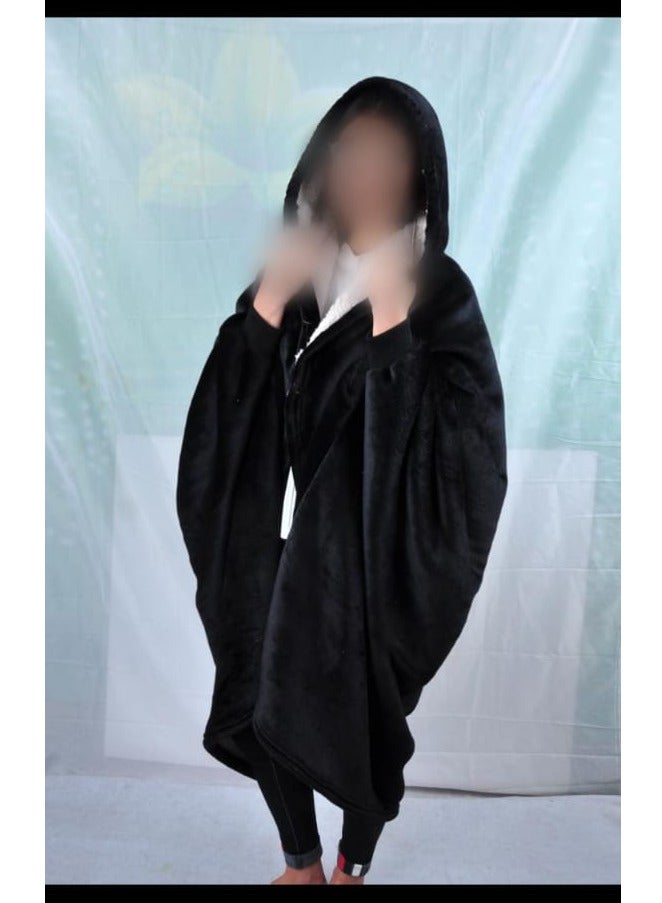 Hooded Blanket Sweatshirt TV Blanket Oversized Wearable Blanket Super Warm Soft Fleece Hooded Blanket for Kids/Adult (Black) No Button Open - Image 1