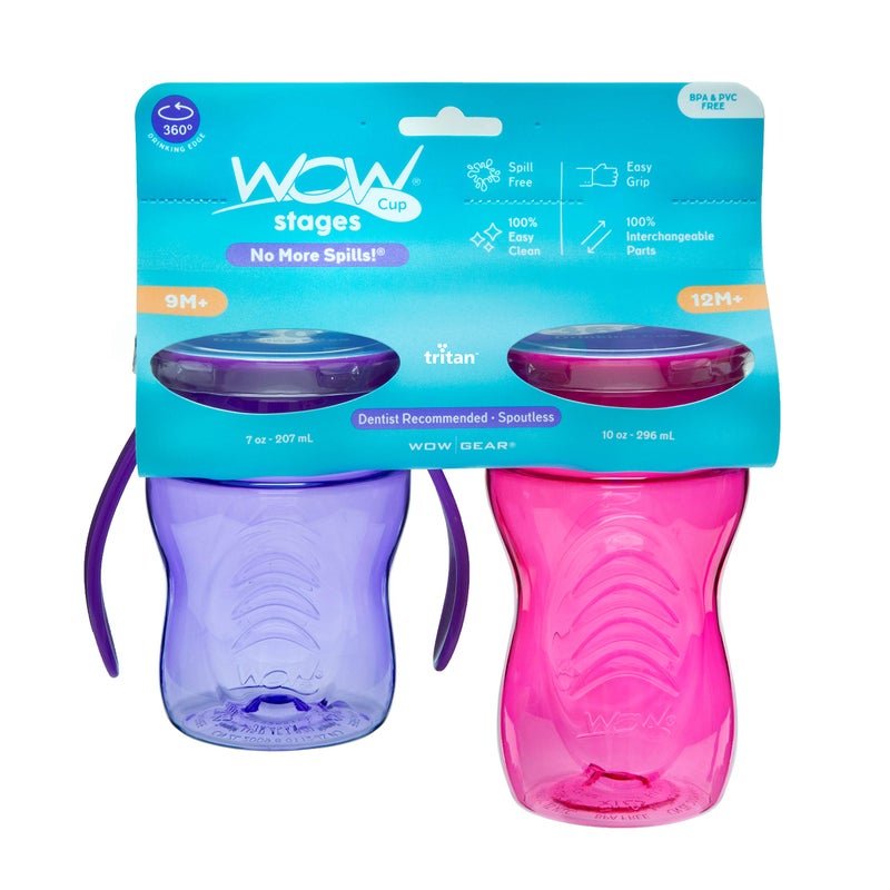 WOW GEAR Wow Cup Stages Kids and Baby 360 Sippy Cup, Pink/Purple, 10 oz/7 oz, 2 Pack - Image 2