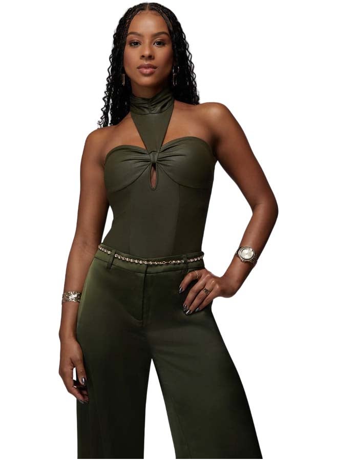 bebe Mock Neck Halter Coated Knit Bodysuit - Image 1