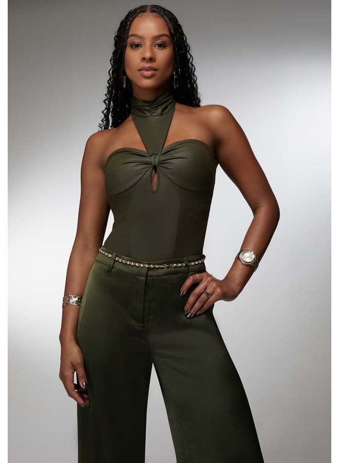 bebe Mock Neck Halter Coated Knit Bodysuit - Image 2