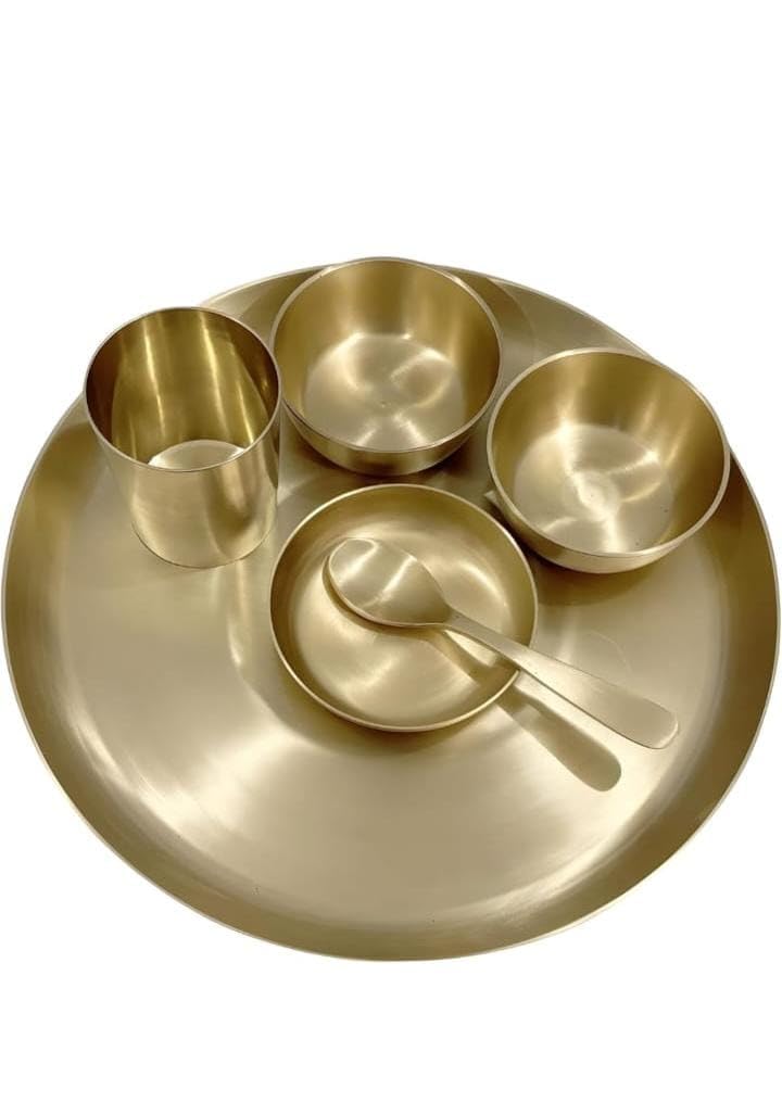 BONA FIDE - Unit of signature metal exports Bona Fide Kansa thali Dinner Set | Bronze, 6 Pieces,Dinner Set,Heavy Gauge Matte Design,thali Size 11 inch(1800GM),Kansa/Bronze Thali Set, 6-Piece,Matte Finish - Image 1