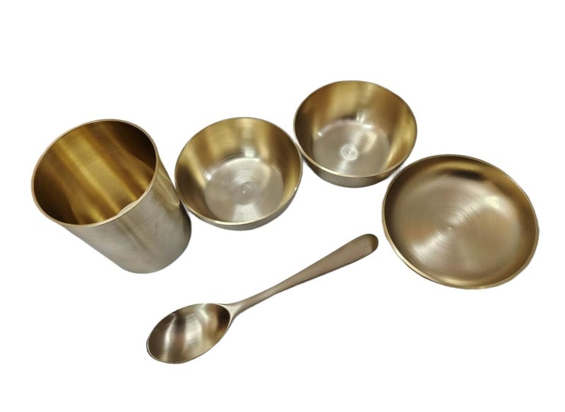 BONA FIDE - Unit of signature metal exports Bona Fide Kansa thali Dinner Set | Bronze, 6 Pieces,Dinner Set,Heavy Gauge Matte Design,thali Size 11 inch(1800GM),Kansa/Bronze Thali Set, 6-Piece,Matte Finish - Image 5