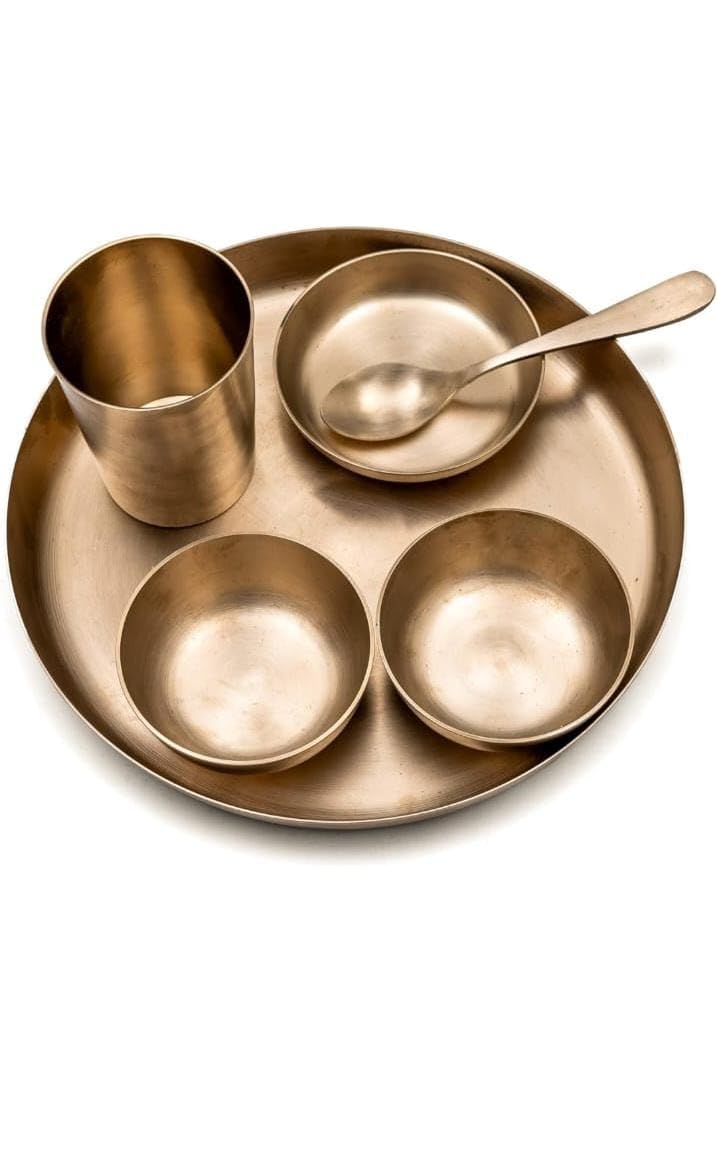 BONA FIDE - Unit of signature metal exports Bona Fide Kansa thali Dinner Set | Bronze, 6 Pieces,Dinner Set,Heavy Gauge Matte Design,thali Size 11 inch(1800GM),Kansa/Bronze Thali Set, 6-Piece,Matte Finish - Image 2