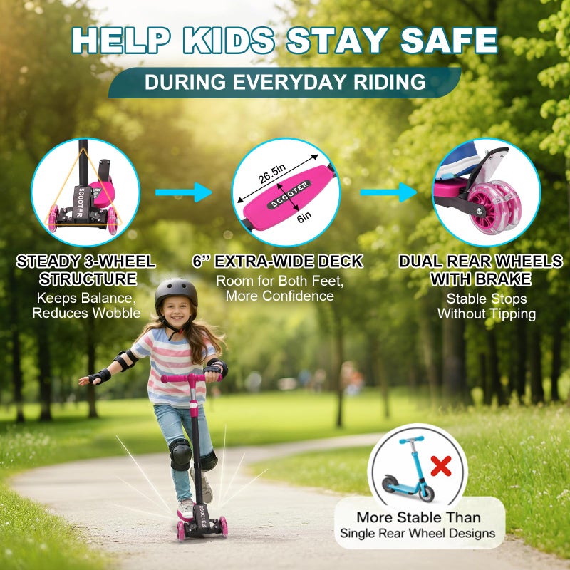 Wefaith 3 Wheel Kids Kick Scooter for Ages 3-12, Lean-to-Steer, Light-Up PU Wheels, 3-Level Adjustable Handlebar 27.5â€-33â€, Wide Non-Slip Deck, Dual Rear Brake,Travel Foldable,180LBS-Pink - Image 2