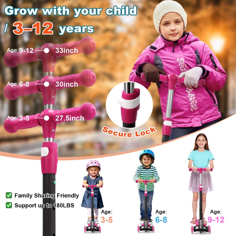 Wefaith 3 Wheel Kids Kick Scooter for Ages 3-12, Lean-to-Steer, Light-Up PU Wheels, 3-Level Adjustable Handlebar 27.5â€-33â€, Wide Non-Slip Deck, Dual Rear Brake,Travel Foldable,180LBS-Pink - Image 5