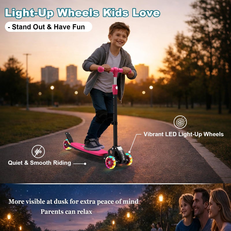 Wefaith 3 Wheel Kids Kick Scooter for Ages 3-12, Lean-to-Steer, Light-Up PU Wheels, 3-Level Adjustable Handlebar 27.5â€-33â€, Wide Non-Slip Deck, Dual Rear Brake,Travel Foldable,180LBS-Pink - Image 4