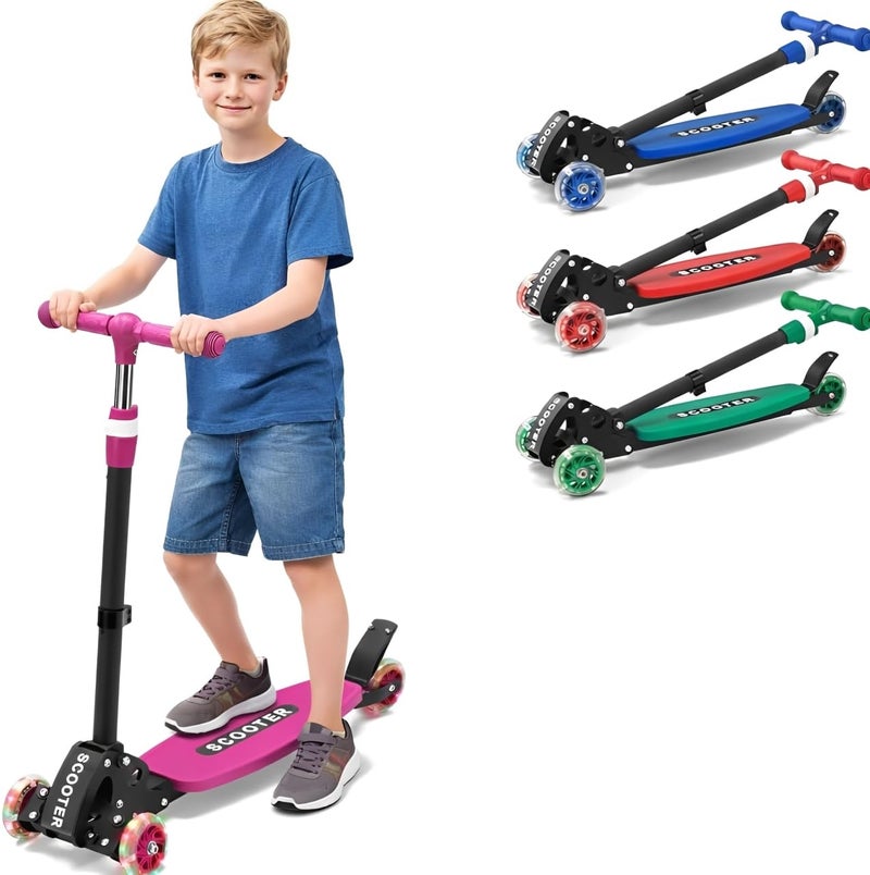 Wefaith 3 Wheel Kids Kick Scooter for Ages 3-12, Lean-to-Steer, Light-Up PU Wheels, 3-Level Adjustable Handlebar 27.5â€-33â€, Wide Non-Slip Deck, Dual Rear Brake,Travel Foldable,180LBS-Pink - Image 1