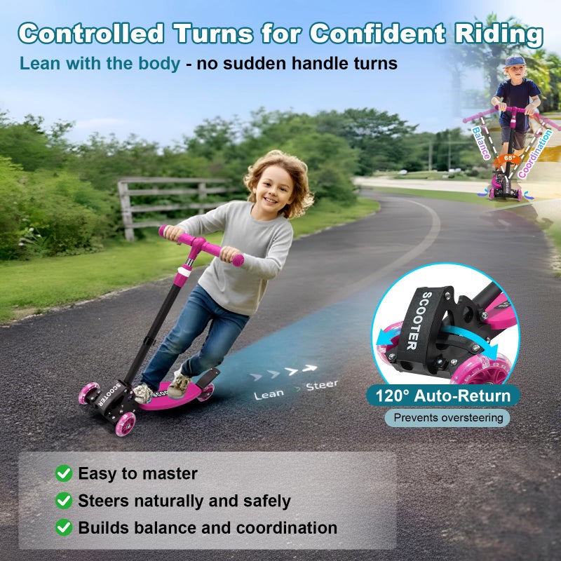 Wefaith 3 Wheel Kids Kick Scooter for Ages 3-12, Lean-to-Steer, Light-Up PU Wheels, 3-Level Adjustable Handlebar 27.5â€-33â€, Wide Non-Slip Deck, Dual Rear Brake,Travel Foldable,180LBS-Pink - Image 3