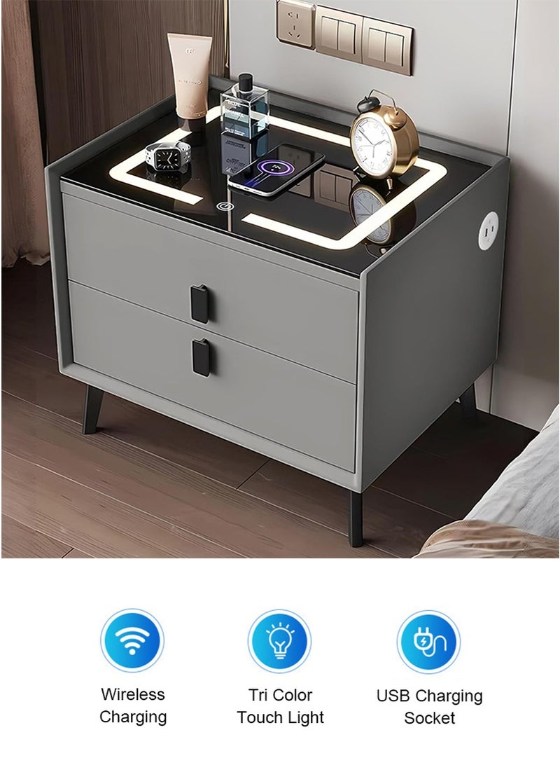 تابيت طاولة حديثة بجانب السرير ، طاولة ليلية ذكية مع شحن USB لاسلكي ومزدوج وأضواء LED قابلة للتعديل ، طاولة ليلية مع درجين ، لغرفة النوم (رمادي فاتح ، 50x40x46 سم) - Image 1