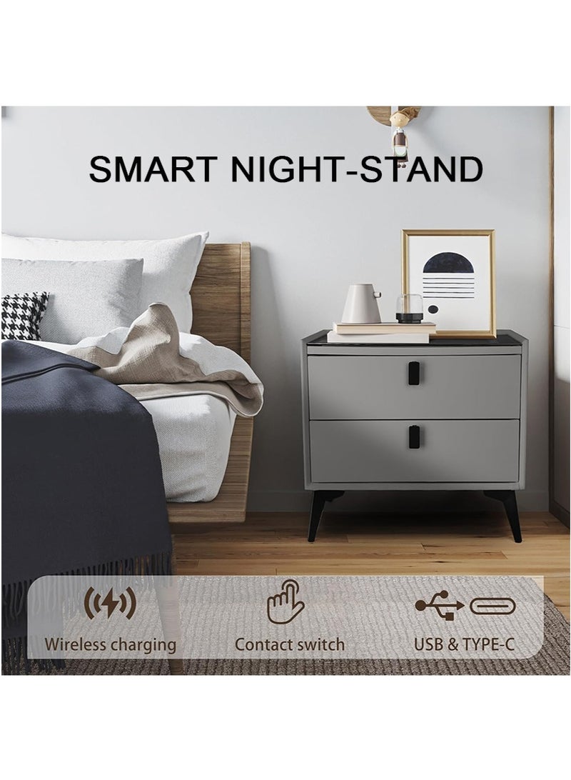 تابيت طاولة حديثة بجانب السرير ، طاولة ليلية ذكية مع شحن USB لاسلكي ومزدوج وأضواء LED قابلة للتعديل ، طاولة ليلية مع درجين ، لغرفة النوم (رمادي فاتح ، 50x40x46 سم) - Image 2