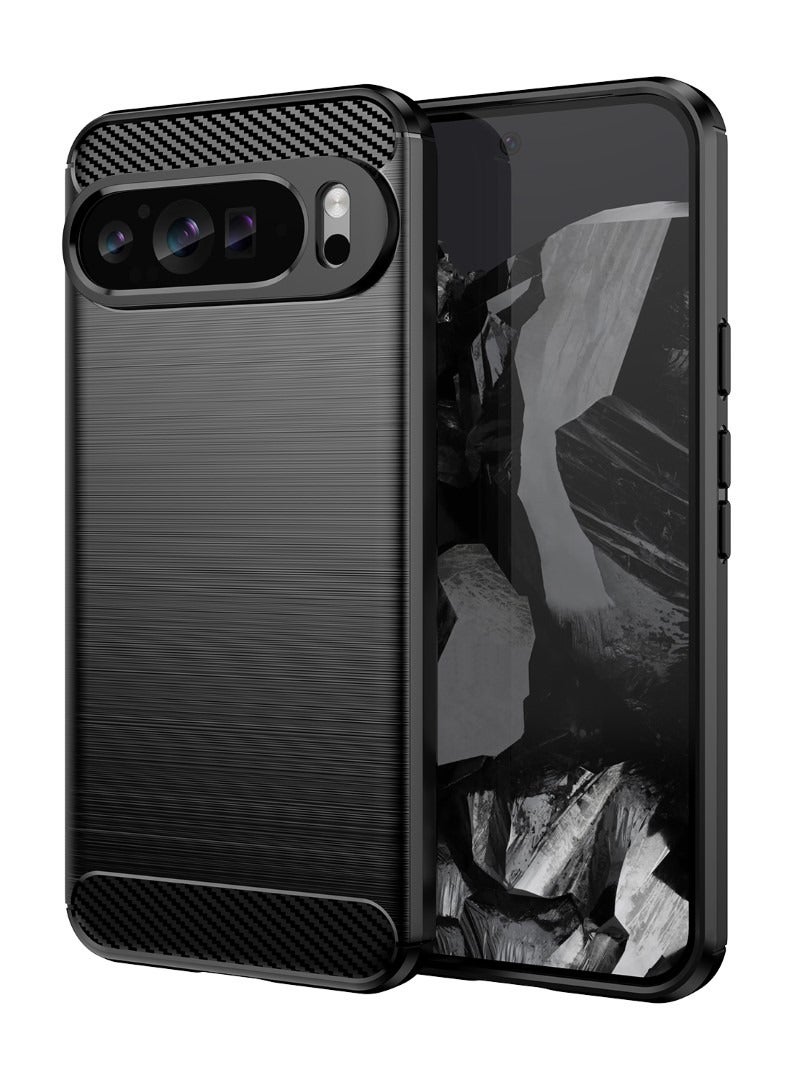 Google Pixel 9 Pro 5G  Rugged Shield Cover – Black. Brushed carbon fiber texture, shockproof TPU, anti-slip, slim, and lightweight for durable protection. - Image 1