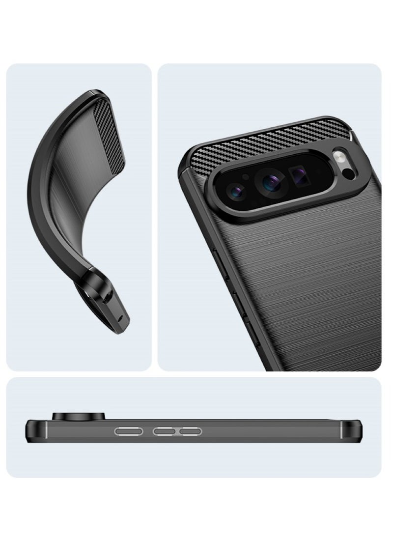 Google Pixel 9 Pro 5G  Rugged Shield Cover – Black. Brushed carbon fiber texture, shockproof TPU, anti-slip, slim, and lightweight for durable protection. - Image 2
