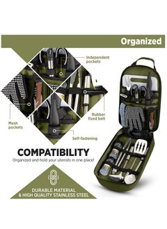 Arabest Camp Kitchen Cooking Utensil Set Travel Organizer Grill Accessories Portable Compact Gear for Backpacking BBQ Camping Hiking Travel Cookware Kit Water Resistant Case (Green 13 Piece Set)  - Image 5