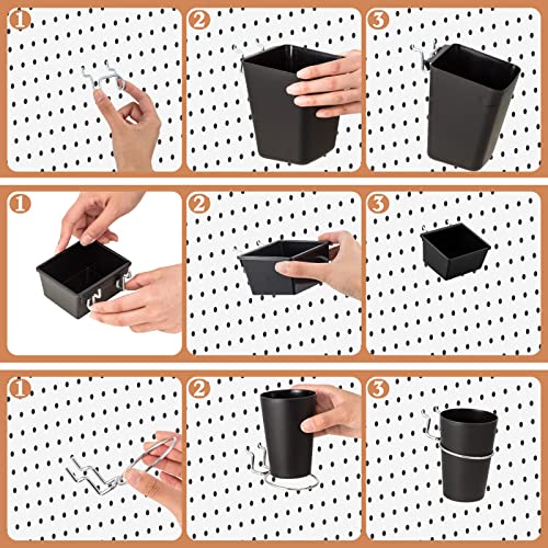 Jinei 12 Pcs Pegboard Bins and Cups with Hooks and Loops Peg Assortment Organizer Accessories Various Tool Organizer Pegboard Basket Set for Garage Workshop Workbench Office(Black) - Image 3