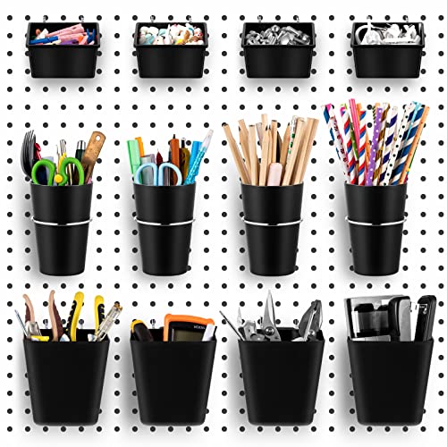 Jinei 12 Pcs Pegboard Bins and Cups with Hooks and Loops Peg Assortment Organizer Accessories Various Tool Organizer Pegboard Basket Set for Garage Workshop Workbench Office(Black) - Image 1