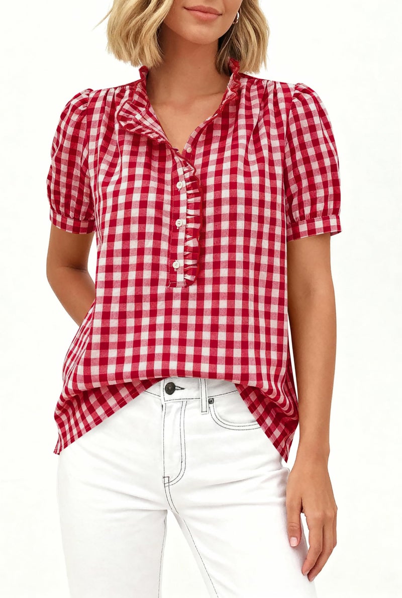 MASCOMODA Womens Puff Short Sleeve Summer Tops Striped Plaid Ruffle V Neck Button Down Shirts Business Casual Work Blouses(Plaid Wine Red,Large) - Image 5