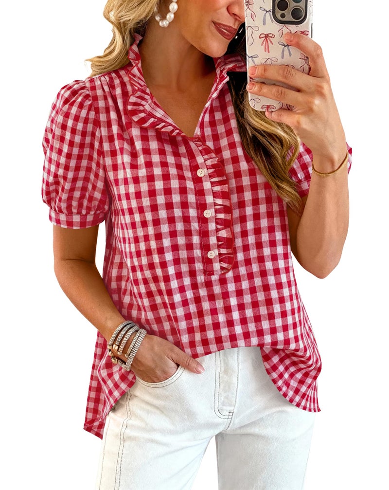 MASCOMODA Womens Puff Short Sleeve Summer Tops Striped Plaid Ruffle V Neck Button Down Shirts Business Casual Work Blouses(Plaid Wine Red,Large) - Image 1