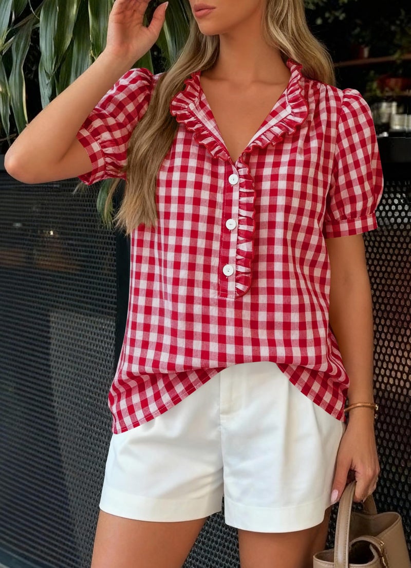 MASCOMODA Womens Puff Short Sleeve Summer Tops Striped Plaid Ruffle V Neck Button Down Shirts Business Casual Work Blouses(Plaid Wine Red,Large) - Image 4