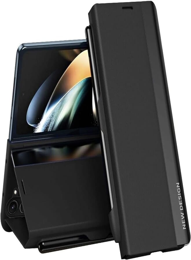 Next Store Case Compatible For SamsungGalaxy Z Fold 5 Side Electroplating Adsorption Ultra-thin Leather Phone Case with Pen (Black)
