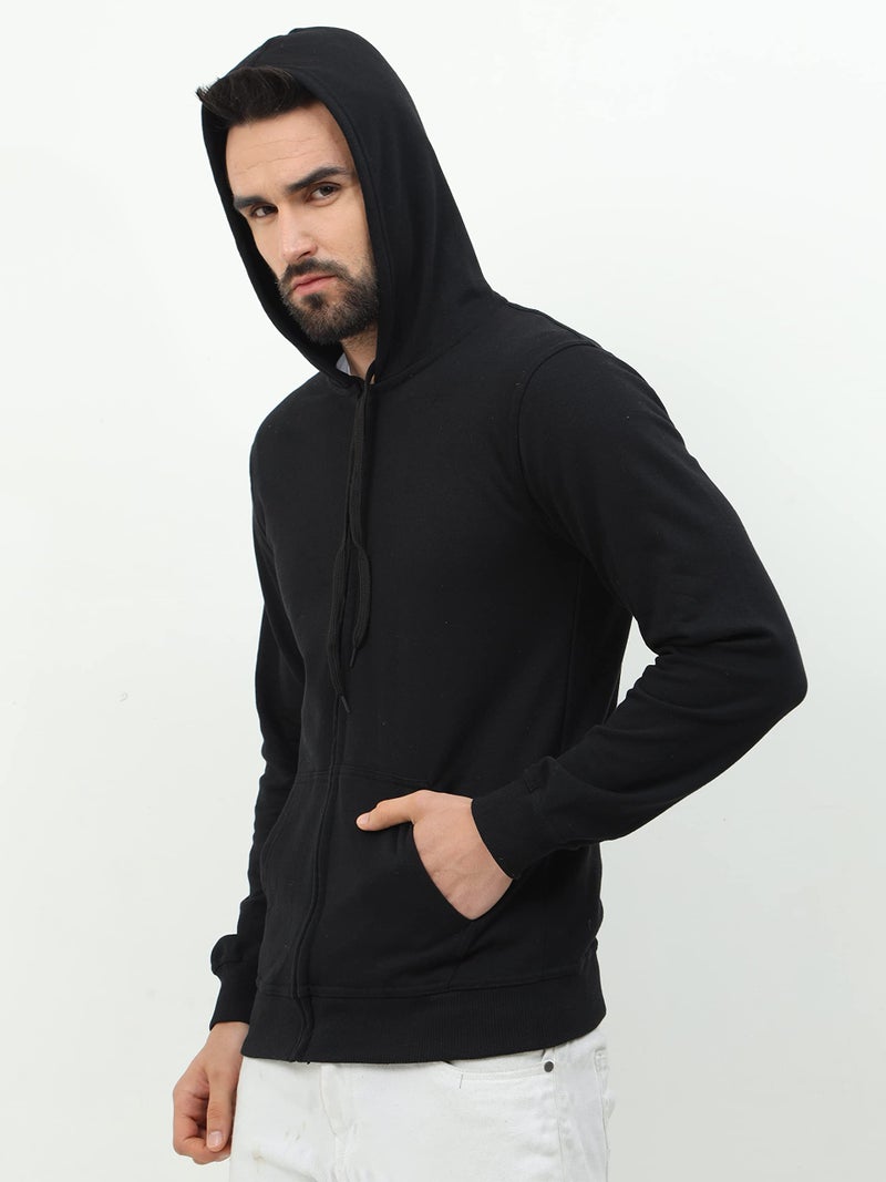 Wafaa Men's Cotton Plain Hooded Neck Full Zipper Black Color Regular Fit Sweatshirt Hoodies with Kangaroo Pocket Small Size - Image 3