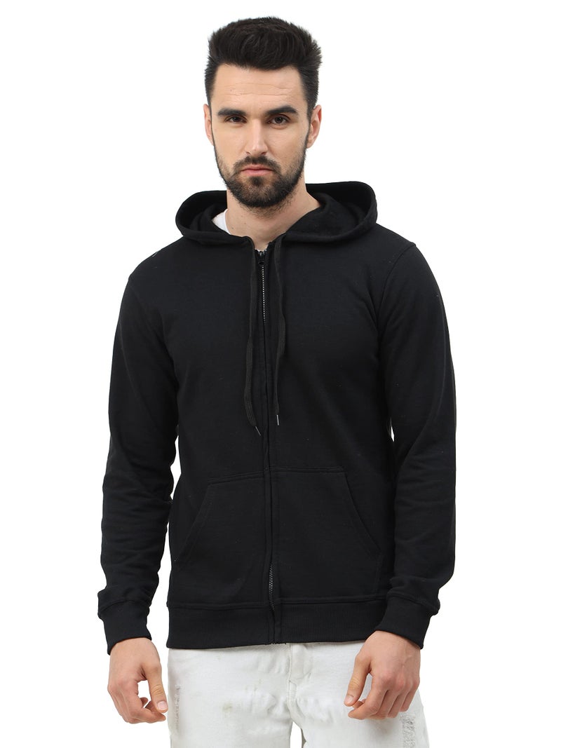 Wafaa Men's Cotton Plain Hooded Neck Full Zipper Black Color Regular Fit Sweatshirt Hoodies with Kangaroo Pocket Small Size - Image 1
