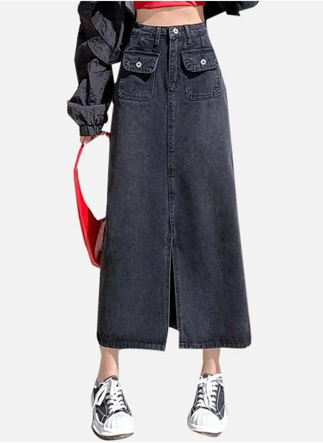 يونيكي Black Denim A-Line Midi Denim Skirt