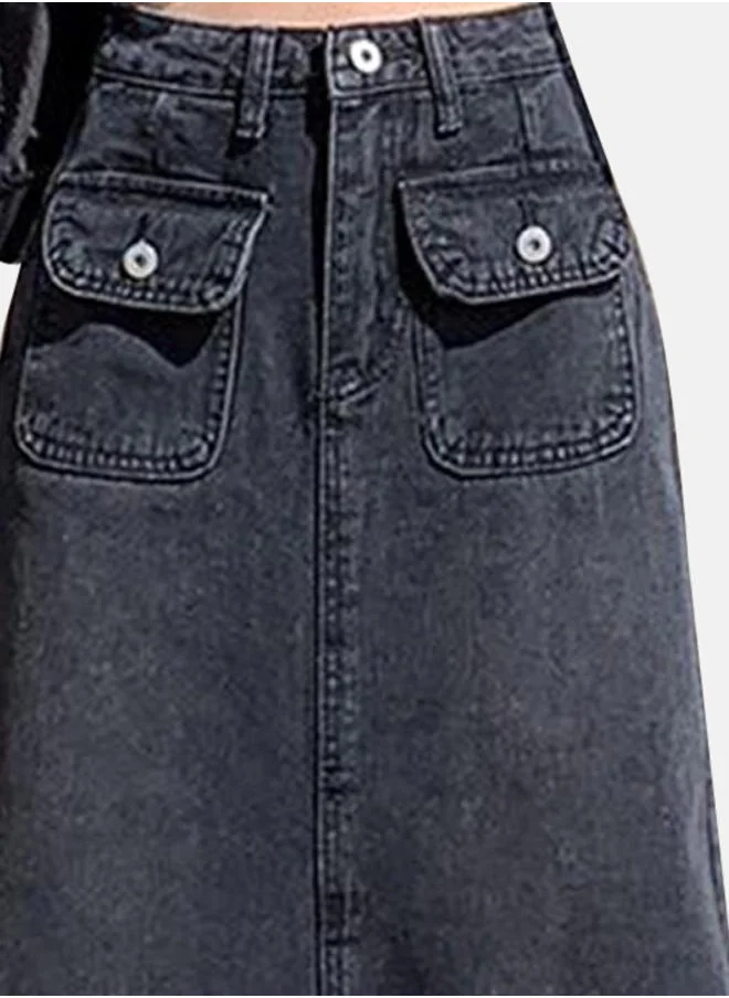 يونيكي Black Denim A-Line Midi Denim Skirt