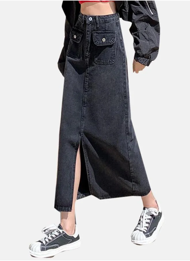 يونيكي Black Denim A-Line Midi Denim Skirt