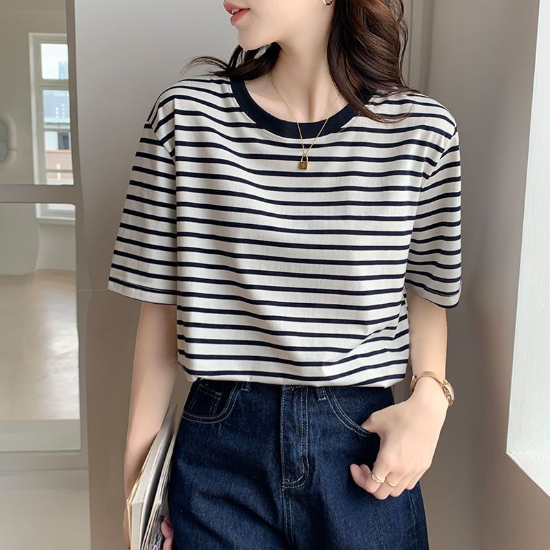 Round Neck Short-Sleeved T-Shirt For Women Summer Loose And Versatile Student 2023 New Design Green Stripesd T-Shirt Top - Image 3