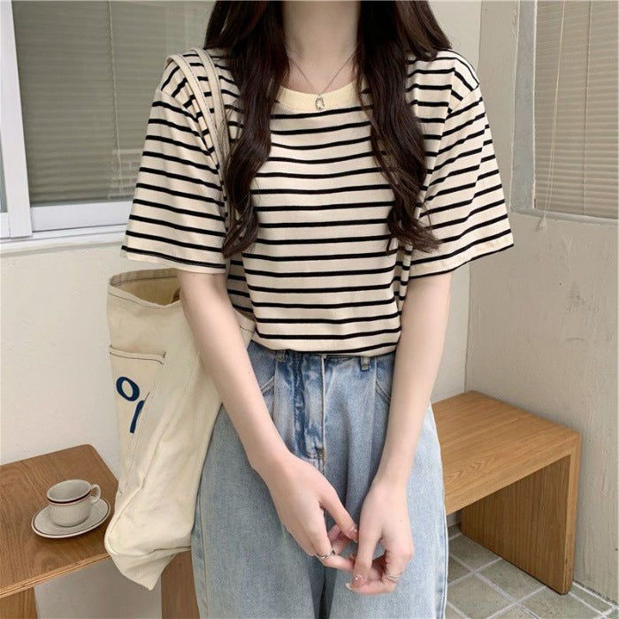 Round Neck Short-Sleeved T-Shirt For Women Summer Loose And Versatile Student 2023 New Design Green Stripesd T-Shirt Top - Image 1